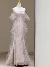 BXOXO Pink Shiny Strapless Celebrity Dresses Bead Sleeveless Off Shoulder Tulle Elegant Light Luxury Mermaid Toast Prom Evening Gowns